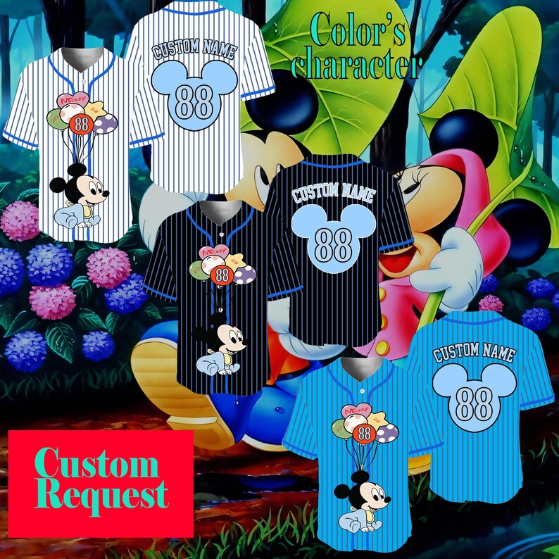 May include: Baseball-style shirts in various colors, featuring a cartoon character design. The shirts have vertical stripes and the text "CUSTOM NAME" and "88". The image also includes the text "Color's character" and "Custom Request".