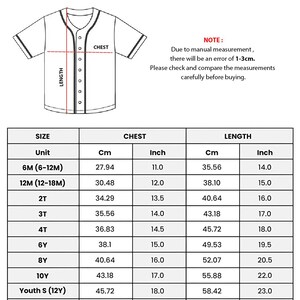May include: A white baseball jersey size chart for kids and youth. The chart includes chest and length measurements in inches and centimeters for sizes 6M to Youth L (16Y). The text "SIZE CHART KIDS AND YOUTH BASEBALL JERSEY" is at the top.