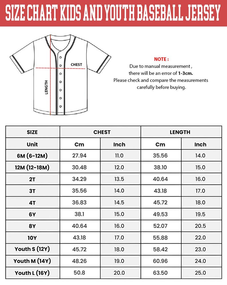 May include: A white baseball jersey size chart for kids and youth. The chart includes chest and length measurements in inches and centimeters for sizes 6M to Youth L (16Y). The text "SIZE CHART KIDS AND YOUTH BASEBALL JERSEY" is at the top.