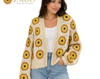 Sunflower Crochet Cardigan Women Granny Square Sweater Boho Cottagecore Chunky Knit Floral Cardigan