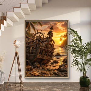 May include: A framed wall art print depicting a weathered wooden pirate ship beached on a rocky tropical shore at sunset. The scene features a ship wheel, a lantern, palm trees, and golden light reflecting on the water and sand in a warm palette.