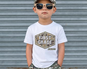 Camo Grade Shirt, Personalized Kids SchoolShirt,Pre-K Kindergarten First Grade Shirt,Boys Back to School Tee,Custom Name Toddler Youth Shirt