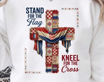 Patchwork Amerikaanse vlag kruis PNG, 4 juli christelijke sublimatie, gehaakt patriottisch shirtontwerp, God Bless America digitale download