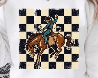 Rodeocowboy geruit png, trendy western sublimatie, retro country shirtontwerp, geruit grafisch T-shirt, digitaal downloadbestand