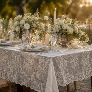 May include: A rectangular dining table covered with a white lace tablecloth featuring intricate floral patterns. The table is set with clear glass stemware, white ceramic plates, and silver-toned vases filled with white roses and greenery.
