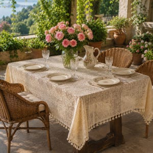 Puede incluir: Una mesa de comedor al aire libre con un mantel de encaje color crema, platos, cubiertos y copas de vino. Un jarrón con rosas rosas y una jarra floral están en el centro. Sillas de mimbre rodean la mesa.