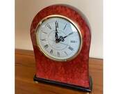 LINDEN Mantle clock - black base , brass feet , faux burl wood