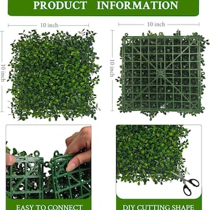 May include: A square artificial boxwood hedge panel measuring 10 inches by 10 inches. The green foliage is attached to a plastic grid backing. The product information shows the panel can be connected to others and cut to a custom shape.