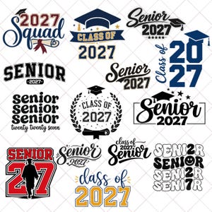 Op de afbeelding: Een verzameling van vijftien grafische ontwerpen met de tekst 2027, Class of 2027 en Senior 2027. De ontwerpen bevatten afstudeerhoeden, diploma's, lauwerkransen en sterren in verschillende lettertypes, kleuren en lay-outs voor afstudeerthema's.