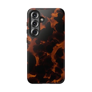 May include: A rectangular smartphone case featuring a glossy tortoiseshell pattern with swirling dark brown and amber orange tones. The case includes a vertical cutout on the upper left side to accommodate a triple camera lens array and a flash.