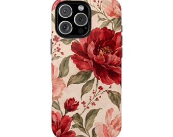 iPhone-hoesje met rode pioenroos | Vintage aquarel bloemen beschermhoes (FLR-0018)