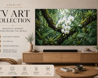 Cuadro decorativo de orquídeas blancas estilo jungla / Marco para TV / Descarga digital 4K / Decoración floral