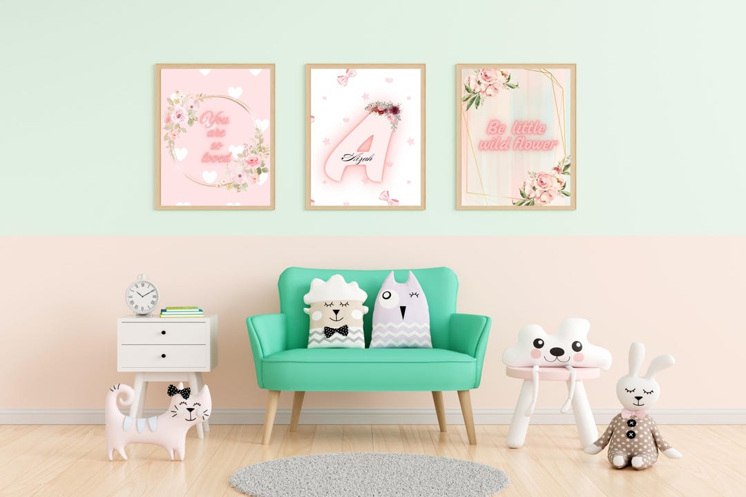 Pink and Purple Nursery Wall Art Set, Custom Baby Girl Name Print ...
