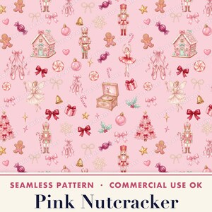 Nahtloses Muster „Rosa Nussknacker“, Digitales Weihnachtspapier „Coquette“, Nahtlose Datei „Ballett Weihnachten“, Stoff „Zuckerfee“, Weihnachts-PNG
