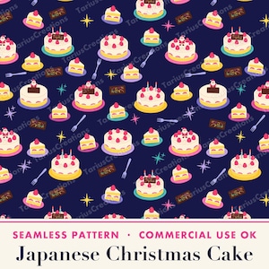 以下が含まれることがあります： ダークブルーの背景に、イチゴ、サンタクロース、チョコレートバー、フォーク、四芒星が描かれた日本のクリスマスケーキのシームレスパターン。テキストには「Seamless Pattern Commercial Use Ok Japanese Christmas Cake」と記載されています。