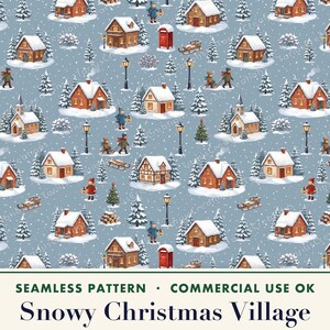 以下が含まれることがあります： 青い背景に雪の降るクリスマス村を描いたシームレスなパターン。木造の小屋、雪に覆われた松の木、街灯、赤い郵便ポスト、そり、そしてランタンを持って雪の中を歩く小さな人物たちがデザインされています。