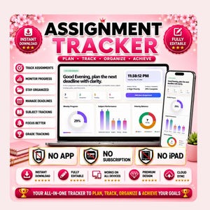 Assignment Tracker  |  Student Planner | Homework Tracker with Grade Calculator, Study Goals & Focus Timer | Instant Download