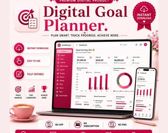 May include: A digital goal planner displayed on a laptop and smartphone screen, featuring a dashboard with revenue, expenses, and profit charts. The interface uses a magenta and white color scheme with text including Digital Goal Planner, Plan Smart. Track Progress. Achieve More., Instant Download, Easy to Use, Fully Editable, No App, No Subscription, and No iPad.