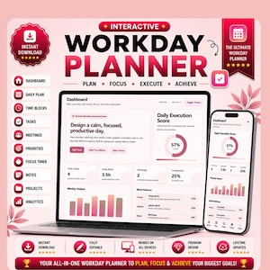 May include: An interactive digital workday planner displayed on a laptop and smartphone screen. The interface features a dashboard with daily execution scores, task lists, time blocks, and analytics charts in a pink and white colour scheme.
