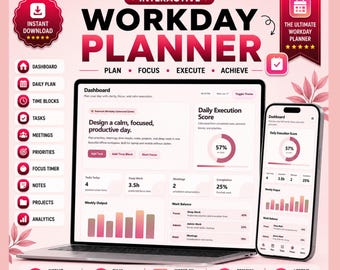 Workday Planner, Daily Task Time Block Meeting Project Tracker (Digital Download)