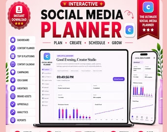 Social Media Planner, Content Calendar Dashboard with Campaigns, Hashtags & Analytics Tracker