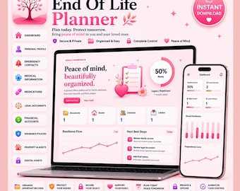May include: A digital End Of Life Planner displayed on a laptop and smartphone screen. The interface features a pink color scheme with icons for dashboard, personal profile, medical information, and legal documents. Text includes "Plan today. Protect tomorrow" and "Peace of mind, beautifully organized."