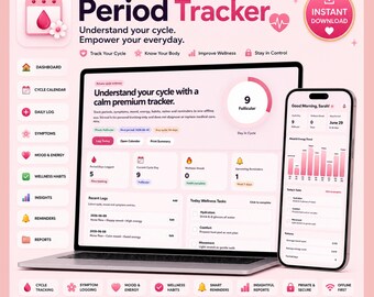 May include: A digital period tracker interface displayed on a laptop and smartphone screen. The design features a soft pink color palette with icons for dashboard, cycle calendar, daily log, symptoms, mood, energy, wellness habits, insights, and reports.