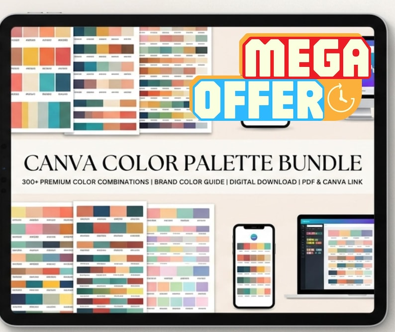 May include: A digital tablet displays a Canva color palette bundle. The image shows various color combinations, a smartphone, and a laptop. Text on the screen reads "MEGA OFFER" and "CANVA COLOR PALETTE BUNDLE". The bundle includes over 300 color combinations.