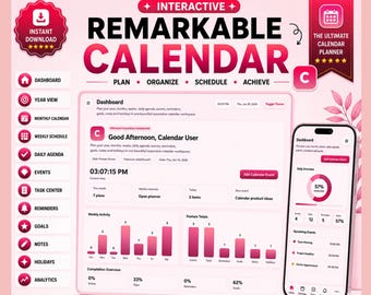 Calendar Planner, Yearly Monthly Weekly Schedule, Task Tracker, Goal & Event Dashboard