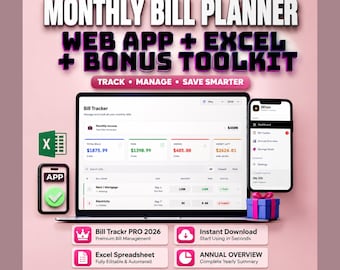 Monthly Bill Planner 2026, Bill Tracker Spreadsheet, Budget Planner App Expense Savings Debt Tracker, Instant Download
