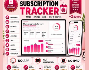 May include: An interactive subscription tracker digital tool displayed on a laptop and smartphone screen. The interface features a dashboard with budget analytics, monthly spend charts, and category splits in shades of pink and white. Text includes "Interactive Subscription Tracker," "Track, Manage, Save, Stay in Control," and "No App, No Subscription, No iPad."