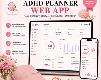 ADHD Digital Planner, Focus Habit Tracker, Brain Dump Journal (Web App)
