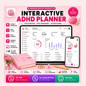 ADHD Digital Planner, Focus Habit Tracker, Brain Dump Journal (Web App)