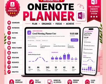 May include: An interactive OneNote planner displayed on a laptop and smartphone screen. The interface features a dashboard with sections for notebooks, tasks, projects, and analytics. Text includes 'Interactive OneNote Planner', 'Plan, Organize, Focus, Achieve', and 'The Ultimate OneNote Planning System'.