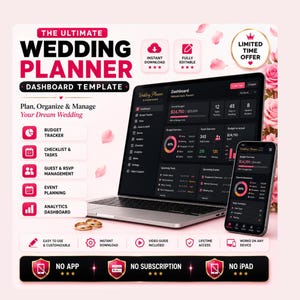 May include: A digital wedding planner dashboard template displayed on a laptop and smartphone. The design includes sections for budget tracking, checklists, guest management, and analytics. The text reads "The Ultimate Wedding Planner Dashboard Template."