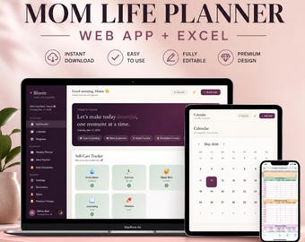 Mom Life Planner 2026, Planner Web App, Weekly Planner Excel, Meal Planner, Kids Schedule Planner, Self Care Habit Tracker