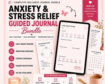 Dagboekbundel met gids voor angststressverlichting | Mood Tracker, prompts, ademhalingskaarten (digitale download)
