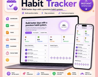 May include: A digital habit tracker interface displayed on a laptop and smartphone screen. The layout features a dashboard, habit lists, task management, and progress charts with purple and white color schemes. Text includes Habit Tracker, Dashboard, Habits, Tasks, Routines, Calendar, Focus Timer, and No App, No Subscription, No iPad.