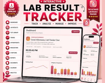 May include: An interactive lab result tracker digital template displayed on a laptop and smartphone screen. The interface features a dashboard with sections for lab results, trends, appointments, medications, symptoms, reports, and documents.