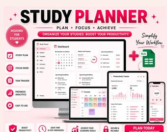 Student Study Planner-bundel, Excel GPA Tracker, examenvoorbereiding (digitale download)