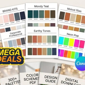 May include: A collection of design guides and color palettes. The image features several cards with color swatches labeled "Brand Kits", "Moody Teal", "Motod Tiles", "Earthy Tones", and "Neon Pop". The text "MEGA DEALS" is also visible.