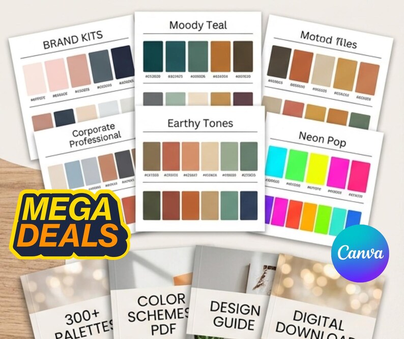 May include: A collection of design guides and color palettes. The image features several cards with color swatches labeled "Brand Kits", "Moody Teal", "Motod Tiles", "Earthy Tones", and "Neon Pop". The text "MEGA DEALS" is also visible.