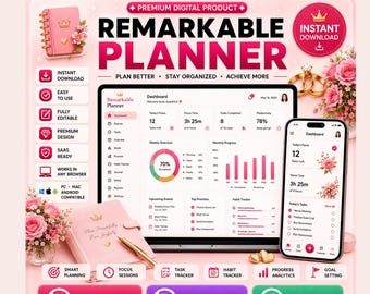 May include: A digital planner interface displayed on a laptop and smartphone screen, featuring a dashboard with task lists, progress charts, and calendar views. The design uses a pink color palette with floral accents, gold icons, and text labels.