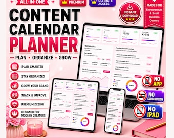 May include: A pink and white graphic promoting a content calendar planner. The image shows a laptop, tablet, and smartphone displaying the planner interface. Text includes "Content Calendar Planner," "Plan, Organize, Grow," and "Instant Download."