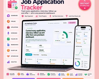 May include: A digital job application tracker displayed on a laptop and smartphone screen. The interface features a dashboard with charts, metrics, and navigation icons for tracking interviews, offers, and follow-ups. Text includes Job Application Tracker, Instant Download, No App, No Subscription, and No iPad.