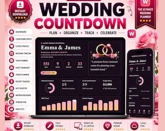 May include: An interactive digital wedding planner displayed on a laptop and smartphone screen, featuring a dark interface with pink accents, countdown timers, task lists, budget trackers, and floral graphics for Emma & James's wedding planning.