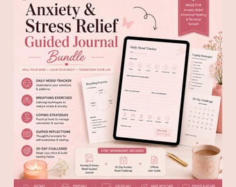 Lot de journaux sur l'anxiété PDF imprimable | Journal de santé mentale, suivi de l'humeur, plus de 100 invites, cartes de respiration, | Téléchargement numérique d'autogestion