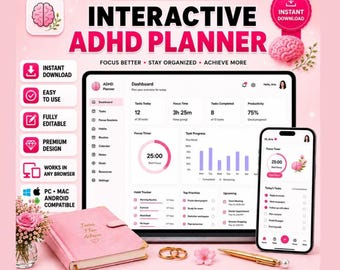 ADHD Digital Planner, Focus Habit Tracker, Brain Dump Journal (Web App)