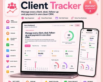 May include: A digital client tracker dashboard displayed on a laptop and smartphone screen. The interface features sections for hero dashboard, clients, pipeline, follow-up center, tasks, projects, payments, client health, analytics, and notes.