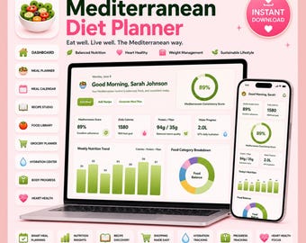 May include: A digital Mediterranean Diet Planner displayed on a laptop and smartphone screen. The interface features a dashboard with nutrition tracking, meal planning, and health metrics. Text includes "Premium Digital Product," "Instant Download," and "No Subscription."